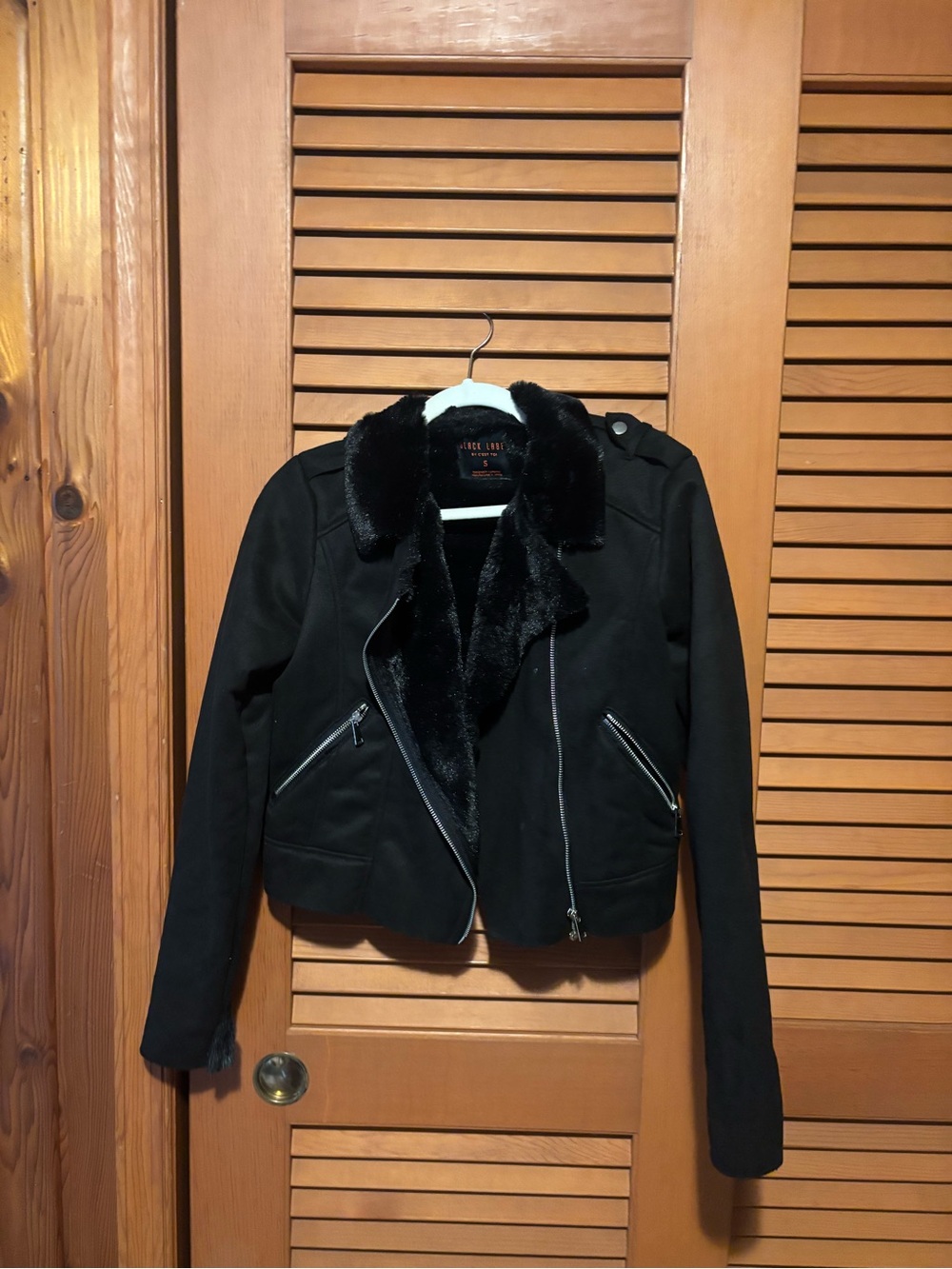 Faux-Fur Trim Black Moto Jacket